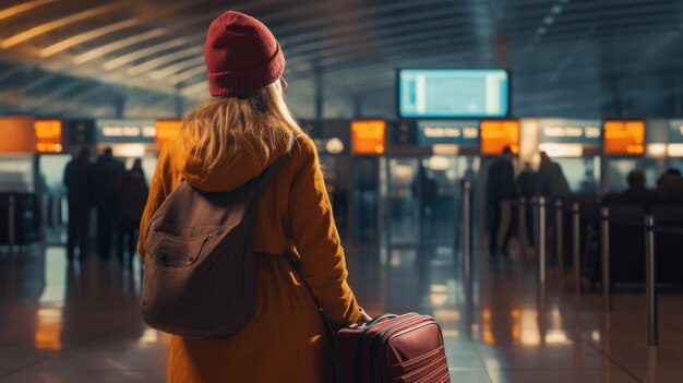 Conceito de viagem com vista para trás jovem mulher turista segurando a bagagem e olhando para o avião na sala do corredor com luz solar no aeroporto