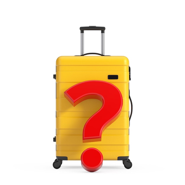 Conceito de viagem de férias de luxo moderno de plástico amarelo mala com ponto de interrogação vermelho renderização em 3d