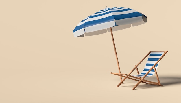 Conceito de viagem de férias de verão Guarda-chuva e espreguiçadeira com fundo azul pastel Espaço vazio para cópia