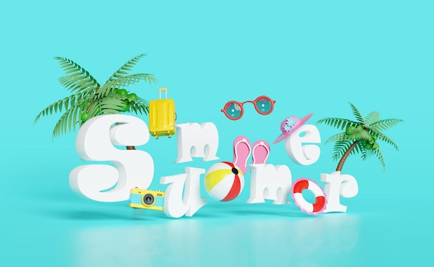 conceito de viagem de verão com bola de salva-vidas coco palmeira sandálias mala óculos de sol câmera chapéu isolado em fundo azul ilustração abstrata 3D ou renderização 3D