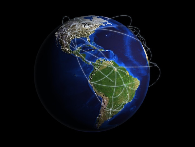 Conceito de viagem e transporte Tecnologia de conexão de rede Terra com rotas de transporte aéreo renderização 3d em fundo preto