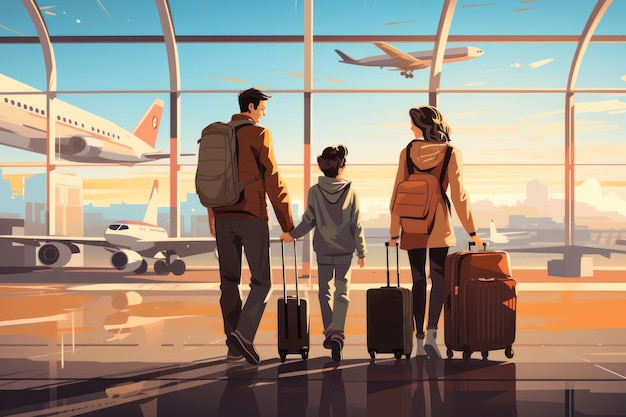 Conceito de viagem em família viagem em família no aeroportoTempo para o vetor 2d Generative AI