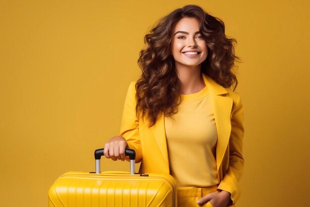 Conceito de viagem mulher feliz menina com mala e passaporte em fundo amarelo