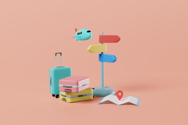 Foto conceito de viagem ou férias de verão com mapa, sinal de direção, avião e mala em fundo laranja 3 renderização