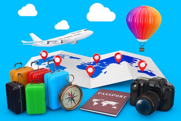 Conceito de viagens. Avião com balão de ar quente sobre o mapa-múndi com alfinetes de destino e malas, bússola, passaporte e câmera fotográfica em um fundo azul. Renderização 3D.
