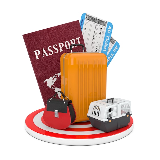 Conceito de viagens. Bagagem com passaporte e passagens aéreas sobre a placa circular de destino em um fundo branco. Renderização 3D