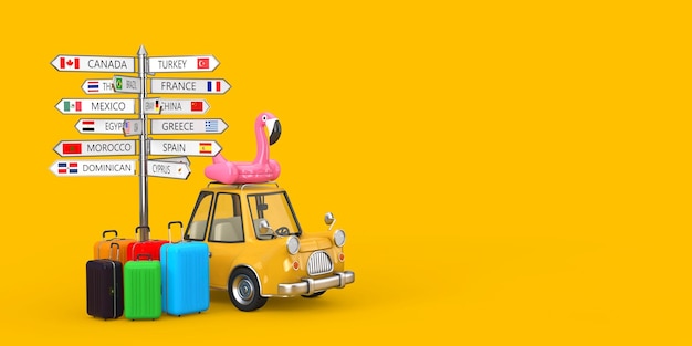 Conceito de viagens de carro. malas, carro dos desenhos animados com flamingo de borracha e placa de direção com vários nomes de países e bandeiras em um fundo amarelo. renderização 3d