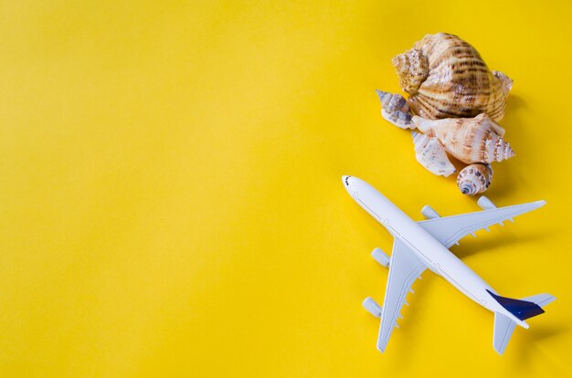 Conceito de viagens de verão. Avião decorativo e conchas sobre fundo amarelo.