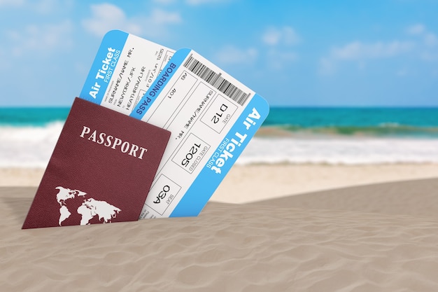 Conceito de viagens de verão. Bilhetes de passageiros de embarque de avião com passaportes em um close up extremo da costa deserta do oceano. Renderização 3D