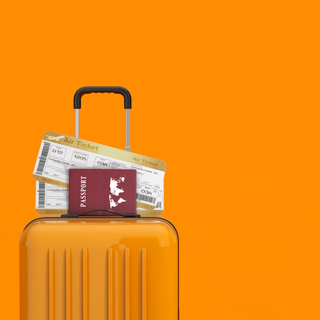 Foto conceito de viagens. mala de viagem laranja com ouro business ou first class airline boarding pass voar com passagens aéreas e passaportes em um fundo laranja. renderização 3d