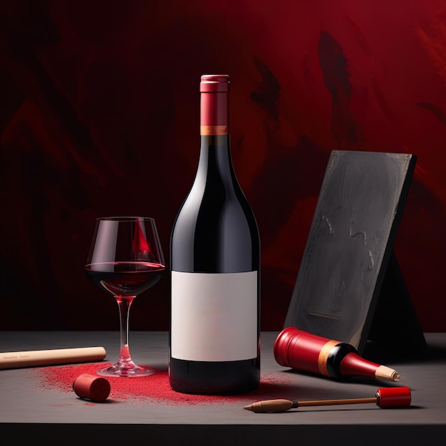 Conceito de vinho tinto Maquete de garrafa de vinho preto com rótulo vazio para você logotipo e copo com vinho