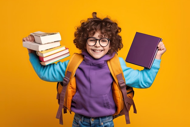 Foto conceito de volta à escola que inclui um menino de escola de pé em fundo amarelo com espaço de cópia