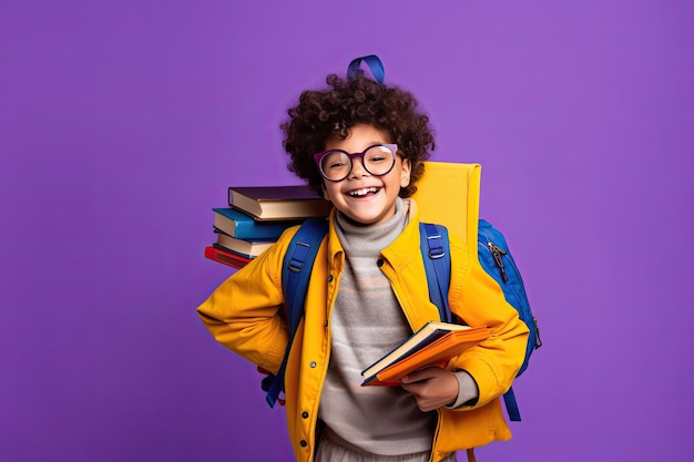 Conceito de volta à escola que inclui um menino de escola de pé em fundo roxo com espaço de cópia