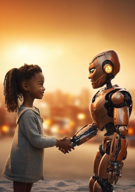 Conceito de volta às aulas, criança humana usa robô para simplificar a vida com IA Generative Ai