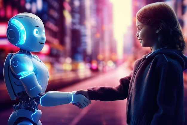 Conceito de volta às aulas, criança humana usa robô para simplificar a vida com IA Generative Ai