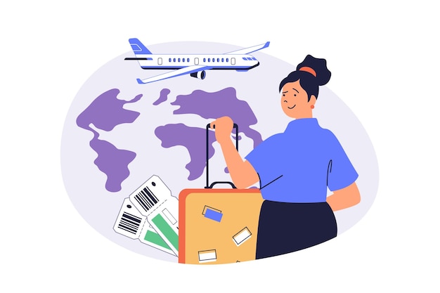 Conceito de web de viagens e turismo com pessoas de desenho animado planas para design de site Mulher com bagagem reservando bilhetes de avião e voando em viagem global com visita a novos países Ilustração vetorial