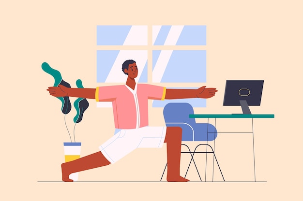 Conceito de yoga com cena de pessoas no design de desenhos animados Um cara faz yoga em casa ilustração vetorial
