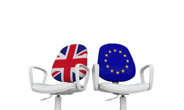 Conceito do Brexit Union Jack e cadeiras da União Europeia 3D Rendering