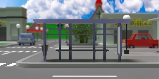 Foto conceito do centro da estação de ônibus dos desenhos animados abrigo sobre a ilustração 3d do fundo do banco