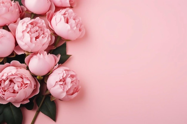 Conceito do Dia da Mulher Foto de vista superior de botões de rosas de peônia rosa e polvilhas em rosa pastel isolado b