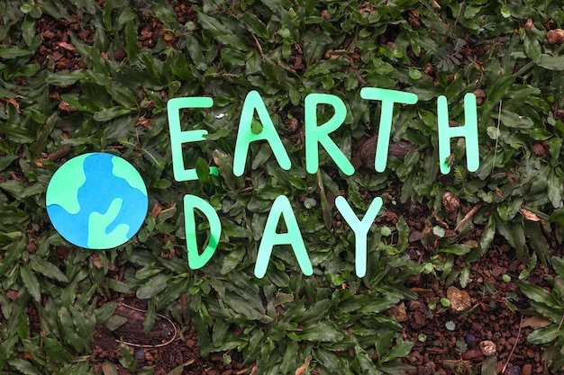 Conceito do dia da terra. Letras do dia da terra com globo mundial sobre fundo de grama verde.