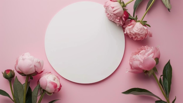 Conceito do Dia das Mães Foto de cima de círculo branco e flores naturais botões de rosa de peônia