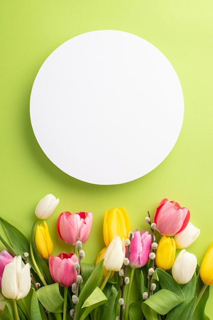 Conceito do Dia das Mães Top view foto vertical de círculo branco tulipas coloridas frescas e galhos de salgueiro em fundo verde claro isolado com espaço vazio