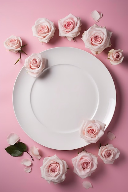 Conceito do dia das mães Vista superior foto vertical de rosas de peônia frescas de círculo vazio branco e granulado em fundo rosa claro isolado com espaço em branco gerar ai