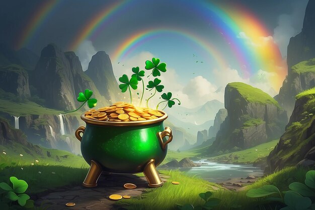 Foto conceito do dia de são patrício leprechauns pot escondido de ouro em rainbows end ia generativa