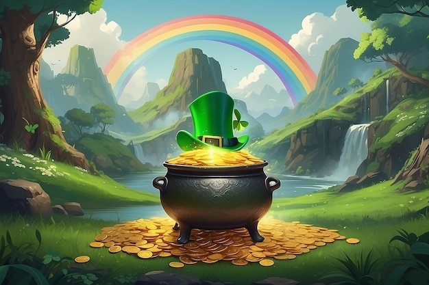 Conceito do Dia de São Patrício Leprechauns Pot escondido de ouro em Rainbows End IA generativa