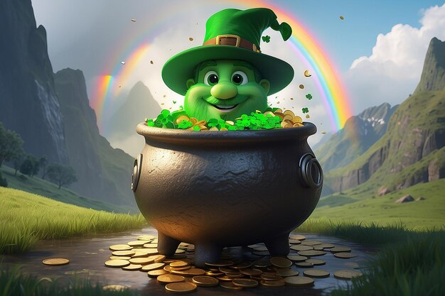 Conceito do Dia de São Patrício Leprechauns Pot escondido de ouro em Rainbows End IA generativa