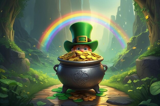 Conceito do Dia de São Patrício Leprechauns Pot escondido de ouro em Rainbows End IA generativa