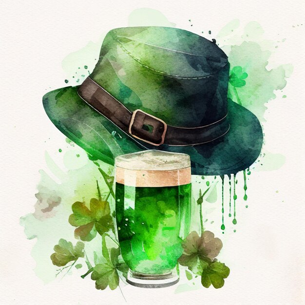 Conceito do dia de São Patrício Trevo de cerveja verde e chapéu verde sobre fundo branco Ilustração generativa de aquarela Ai