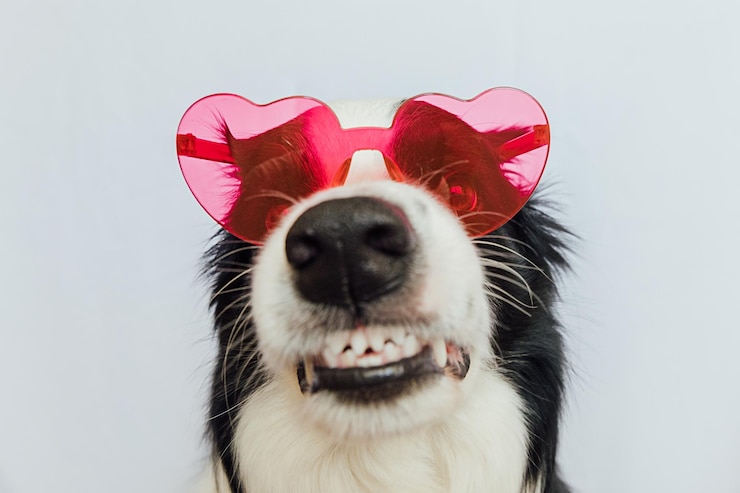 Foto conceito do dia de são valentim cachorrinho engraçado border collie em óculos em forma de coração vermelho isolados no fundo branco cão adorável apaixonado celebrando o dia dos namorados cartão postal de amor apaixonado