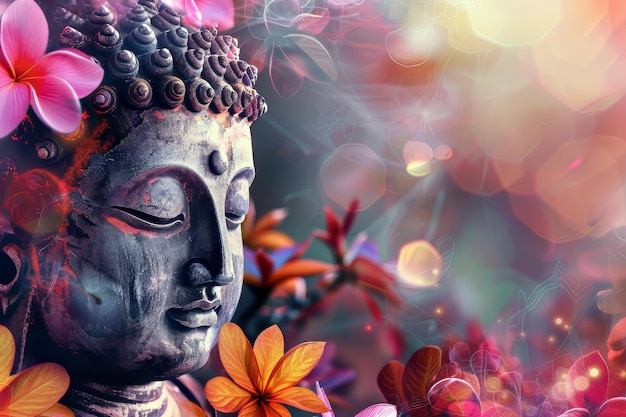 Conceito do Dia de Vesak Budas de rosto contra flores abstratas no fundo dia de Buda Purnima