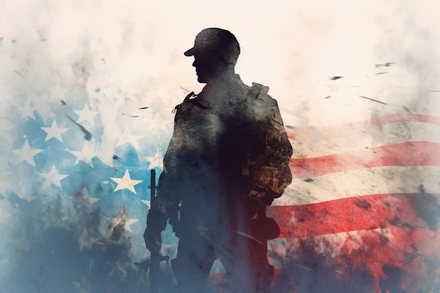 Conceito do dia do patriota Silhueta de soldado com armas no fundo da bandeira americana Dia da Independência dos EUA
