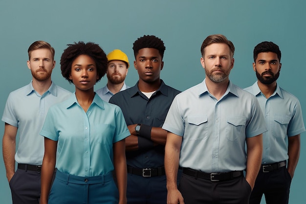 Foto conceito do dia do trabalho grupo diversificado de trabalhadores em solidariedade em fundo azul claro