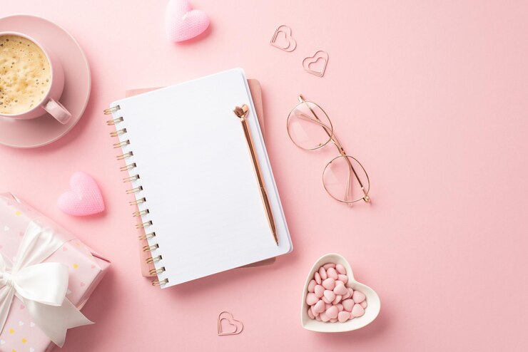 Conceito do Dia dos Namorados Foto de vista superior do bloco de anotações stylish caneta óculos prato em forma de coração com aspersões caixa de presentes velas e xícara de café em fundo rosa pastel isolado com espaço vazio