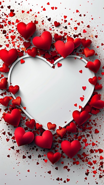 Conceito do Dia dos Namorados Visão superior Quadro branco Coração fundo de confete Papel de parede móvel vertical