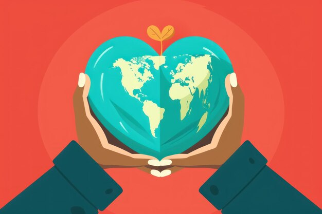 Foto conceito do dia internacional da paz mãos segurando uma terra em forma de coração sobre o vetor de fundo vermelho