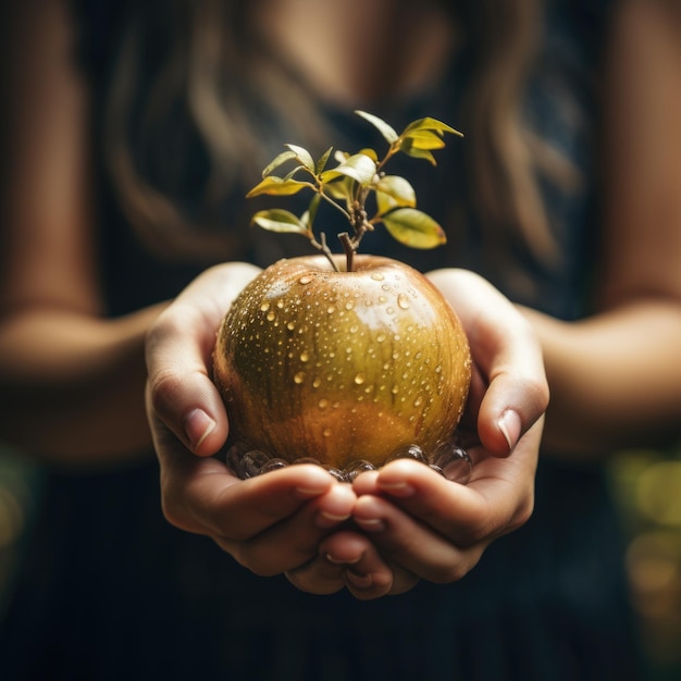 Foto conceito do dia mundial da alimentação mãos humanas segurando maçã com folhas ia gerativa