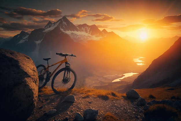 Conceito do Dia Mundial da Bicicleta no topo da montanha contra o fundo do sol da manhã gerado por IA