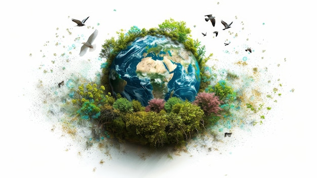Conceito do Dia Mundial da Terra e Proteção da Natureza Imagem realista da Terra com animais