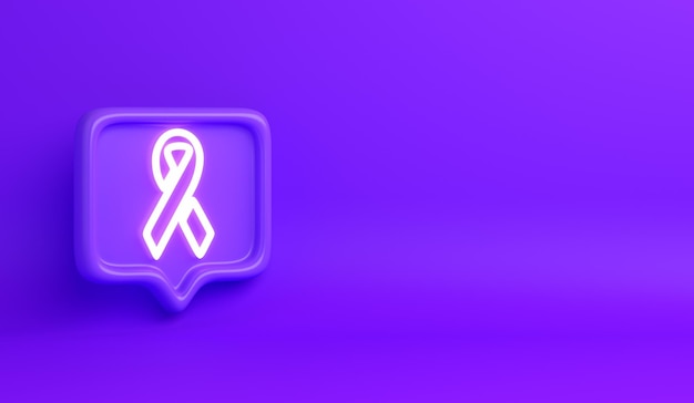 Conceito do dia mundial do câncer com sinal de néon de fita de lavanda de conscientização 3d, ícone de bolha de fala