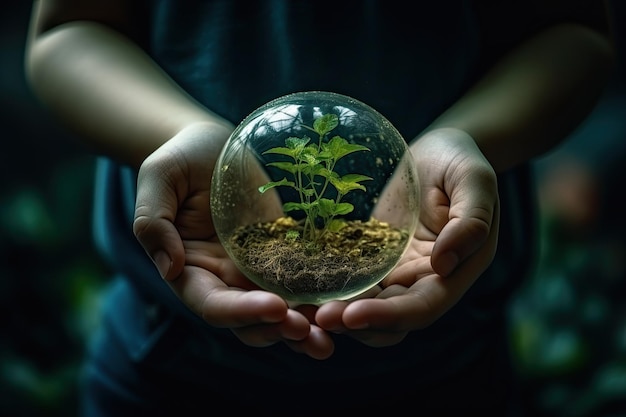 Conceito do Dia Mundial do Meio Ambiente mãos humanas segurando um globo e uma árvore em um fundo verde borrado da natureza