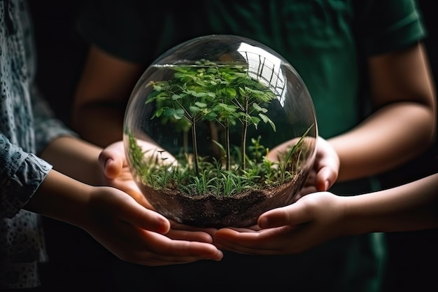 Conceito do Dia Mundial do Meio Ambiente mãos humanas segurando um globo e uma árvore em um fundo verde borrado da natureza