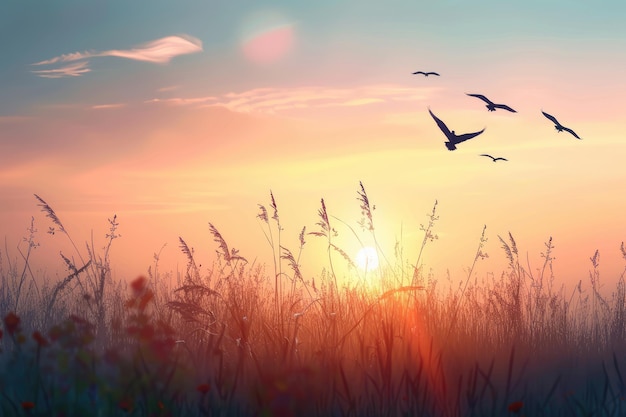Conceito do Dia Mundial do Meio Ambiente Silhueta de pássaros voando no prado Outono nascer do sol Paisagem de fundo