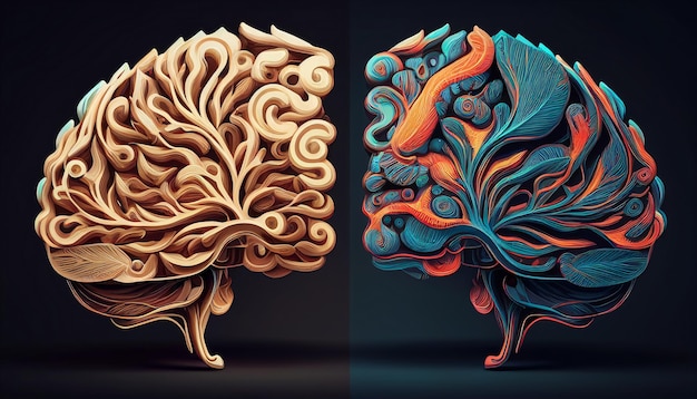 Foto conceito dos lados esquerdo e direito do cérebro humano generative ai tem um componente criativo e lógico, bem como rabiscos sociais e de negócios