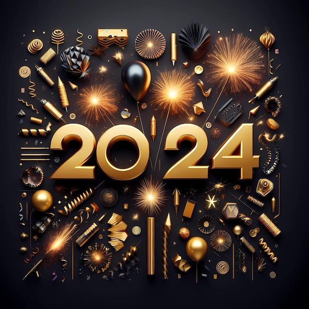 Foto conceito dourado da ilustração da hora da meia-noite do número do ano novo 2024
