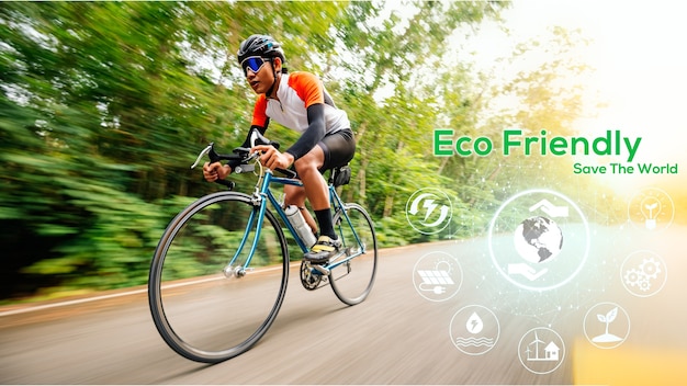 Conceito Eco Friendly, energia verde, redução do dióxido de carbono e redução da poluição. Conceito de dia sem carro para salvar o mundo e salvar a terra. Um homem anda de bicicleta no meio da natureza.